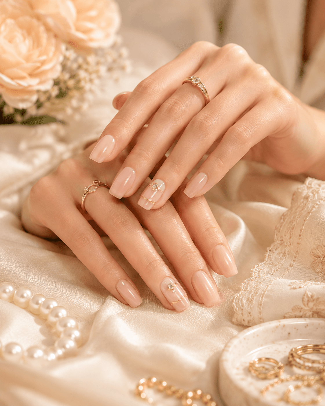 Soft nude manicure with gold jewellery accents