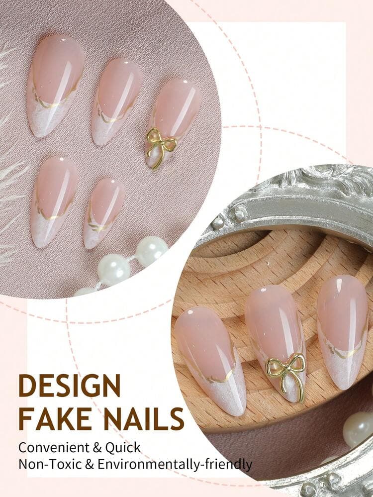 Ombre Almond French Press-On Nails with Gold Bow - 24pcs detail photo 4 - Press-On Nails at ShopKaar
