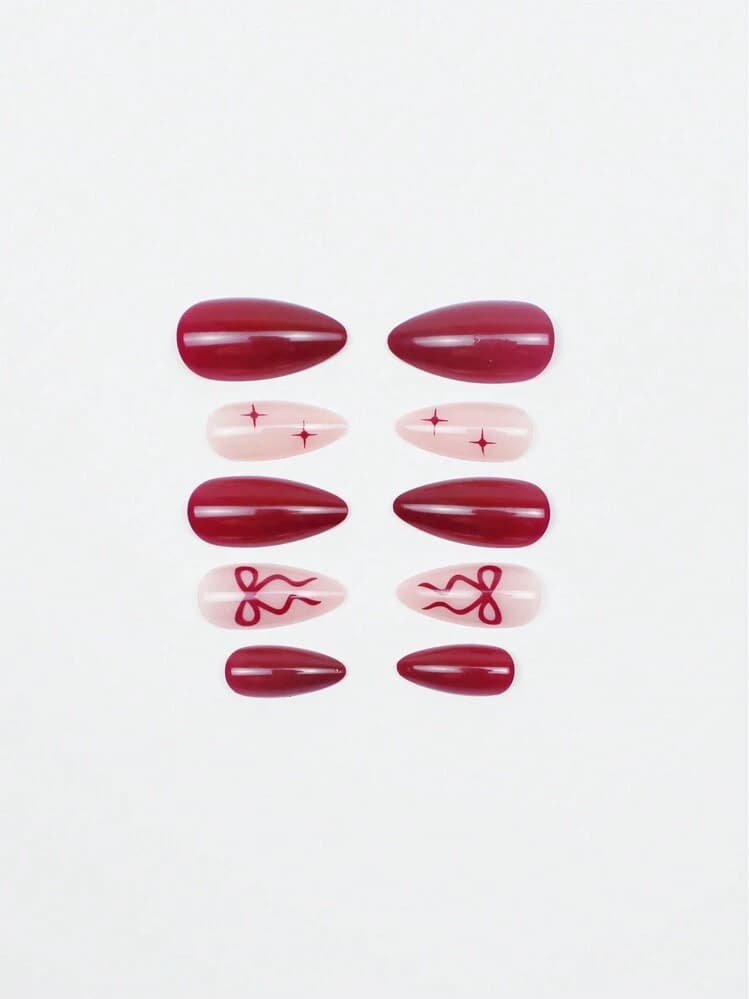 Wine Red Almond French Press-On Nails with Bow Decor - 24pcs detail photo 6 - Press-On Nails at ShopKaar