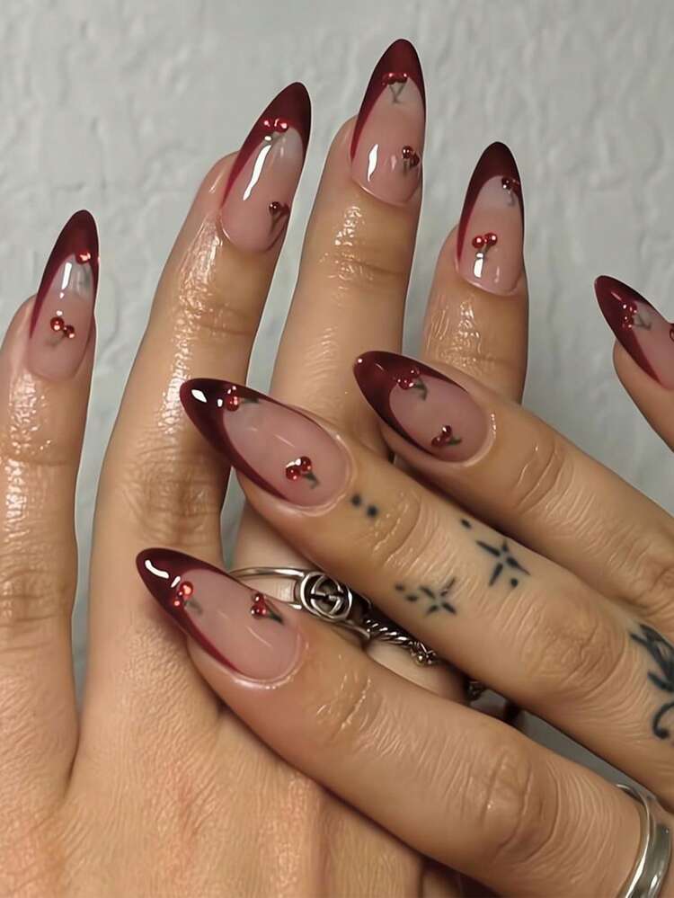 Burgundy Cherry French Almond Press-On Nails - 24pcs detail photo 2 - Press-On Nails at ShopKaar