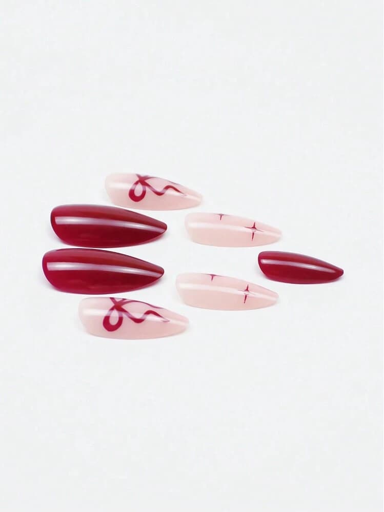 Wine Red Almond French Press-On Nails with Bow Decor - 24pcs detail photo 8 - Press-On Nails at ShopKaar