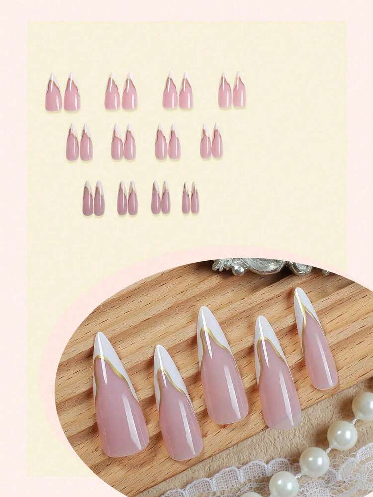 White and Gold French Almond Press-On Nails - 24pcs detail photo 3 - Press-On Nails at ShopKaar