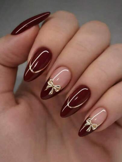 Vintage Red and Gold Almond Press-On Nails - 24pcs main product photo - Press-On Nails at ShopKaar