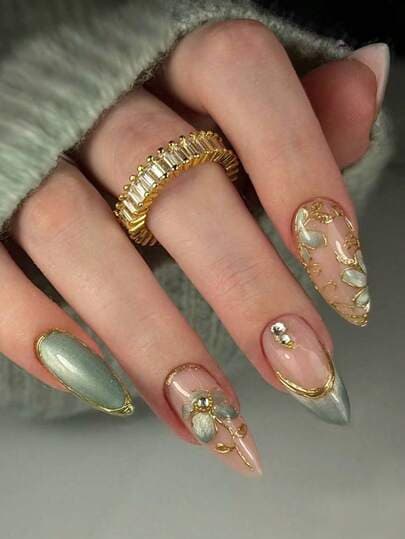 Gold Y2K Almond False Nails with Green Cat Eye Decor - 10pcs main product photo - Press-On Nails at ShopKaar