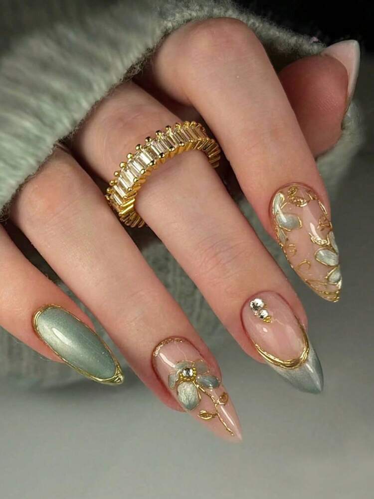 Gold Y2K Almond False Nails with Green Cat Eye Decor - 10pcs detail photo 2 - Press-On Nails at ShopKaar