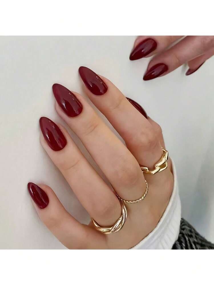 Solid Burgundy Glossy Almond Press-On Nails - 30pcs detail photo 3 - Press-On Nails at ShopKaar