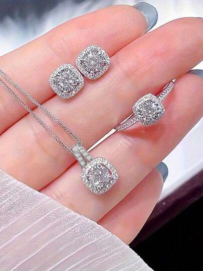 Rectangular Rhinestone Jewellery Set - 4pcs main product photo - Jewellery Sets at ShopKaar