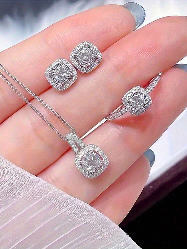 Rectangular Rhinestone Jewellery Set - 4pcs detail photo 2 - Jewellery Sets at ShopKaar