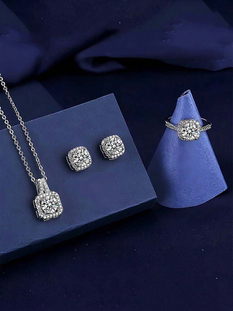 Rectangular Rhinestone Jewellery Set - 4pcs detail photo 3 - Jewellery Sets at ShopKaar