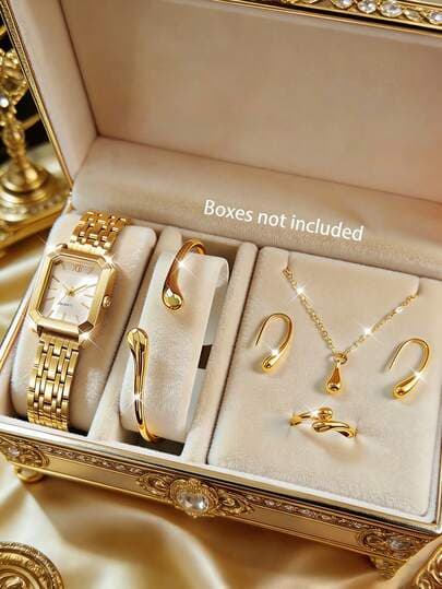 Gold Watch and Jewellery Gift Set - 6pcs main product photo - Watches at ShopKaar