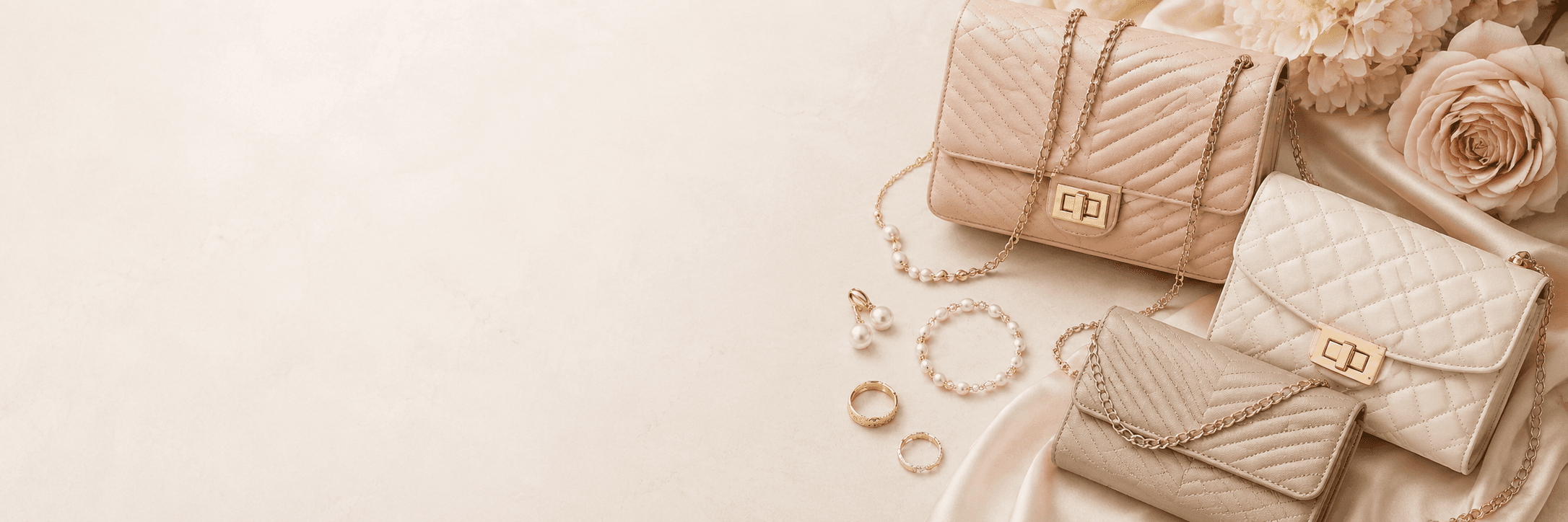 Warm flat lay of bags, jewellery, and beauty accessories
