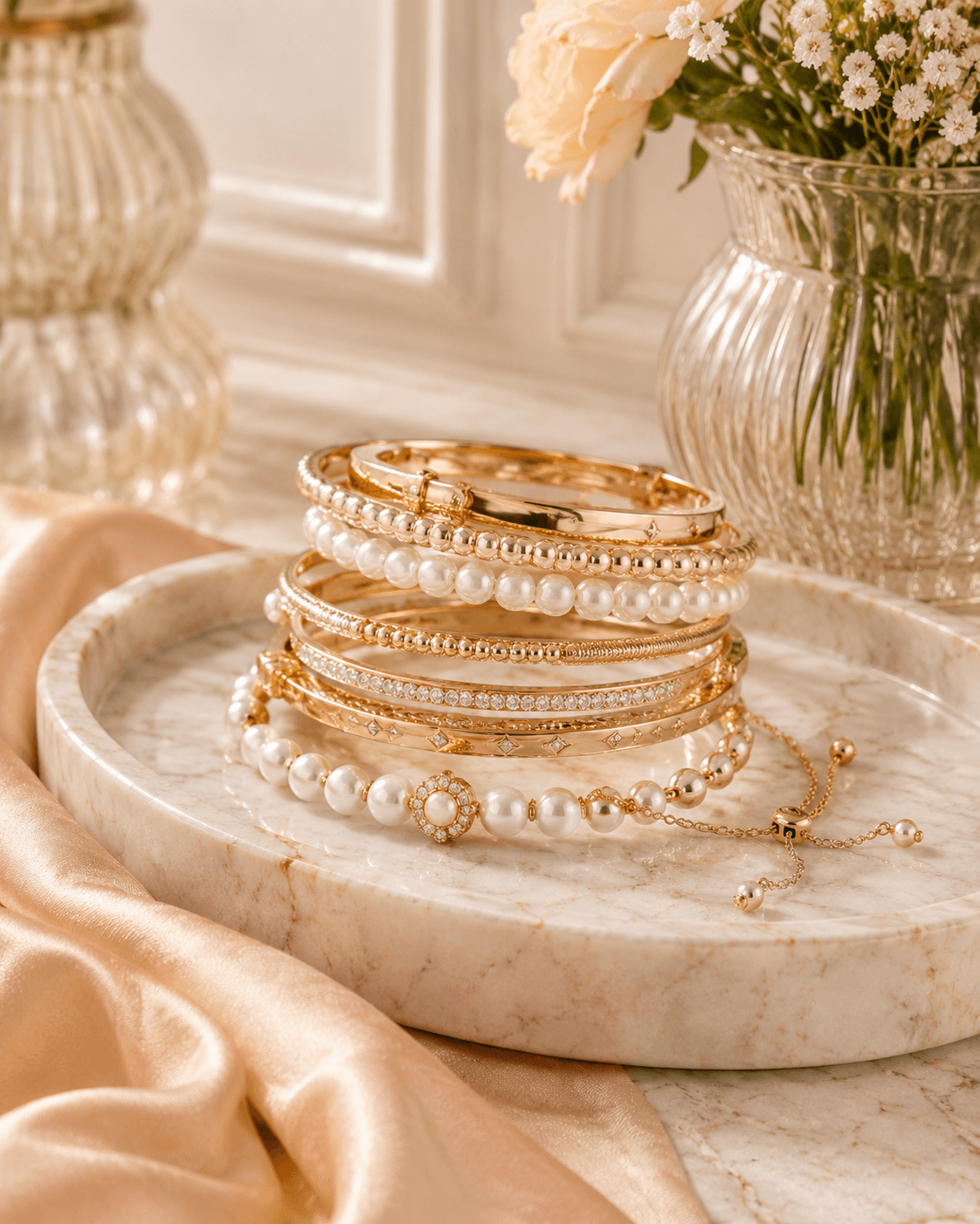 Gold and pearl bracelets arranged beside flowers