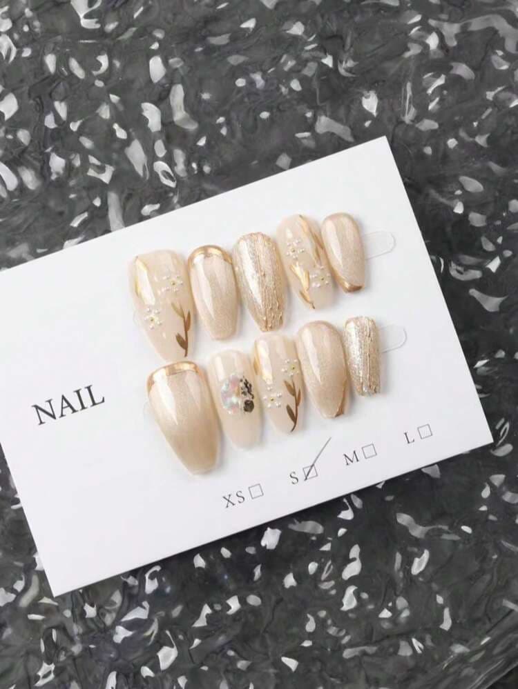 Apricot Coffin Press-On Nails with Cat Eye Flower - 10pcs detail photo 5 - Press-On Nails at ShopKaar