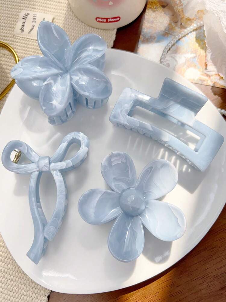 Light Blue Marble Hair Claw Clip Set - 4pcs detail photo 2 - Hair Clips at ShopKaar