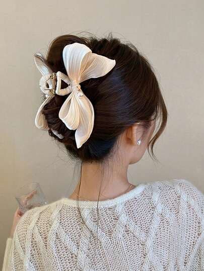 Ivory Faux Pearl Bow Hair Claw Clip main product photo - Hair Clips at ShopKaar