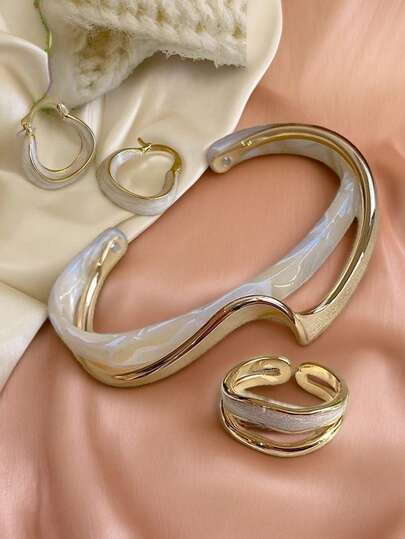 White Shell Bangle & Enamel Ring Set - 3pcs detail photo 2 - Bracelets at ShopKaar