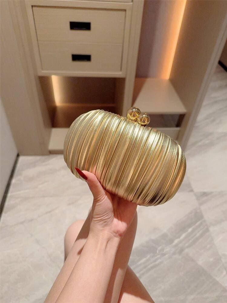 Pleated Egg-Shaped Evening Clutch Bag with Pearl Clasp detail photo 2 - Bags at ShopKaar
