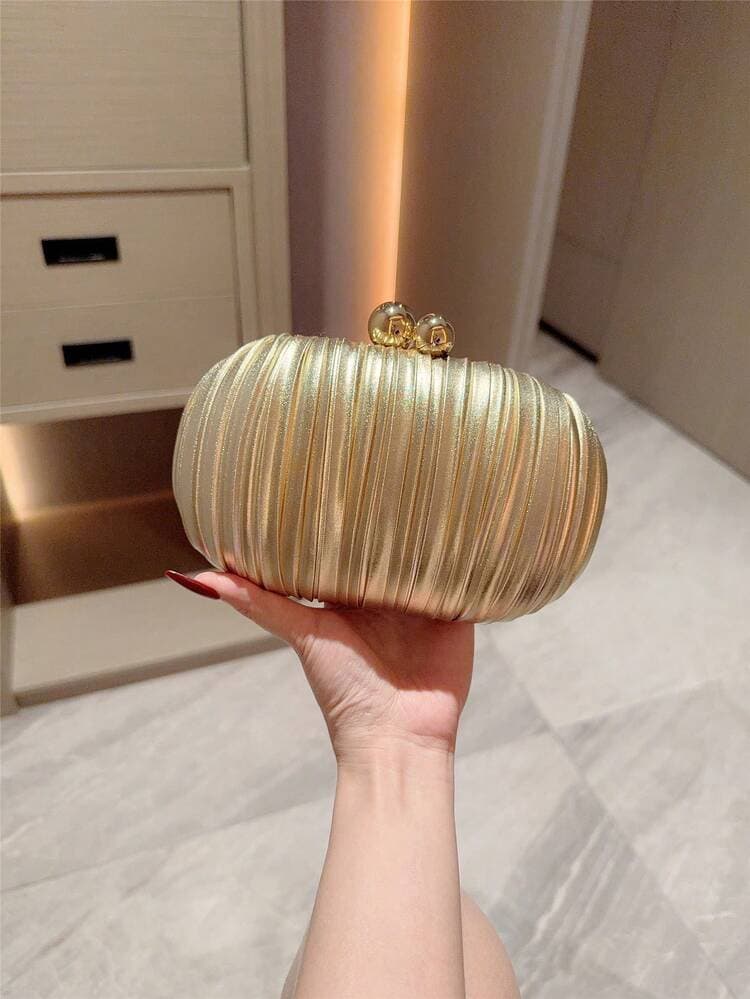 Pleated Egg-Shaped Evening Clutch Bag with Pearl Clasp detail photo 3 - Bags at ShopKaar