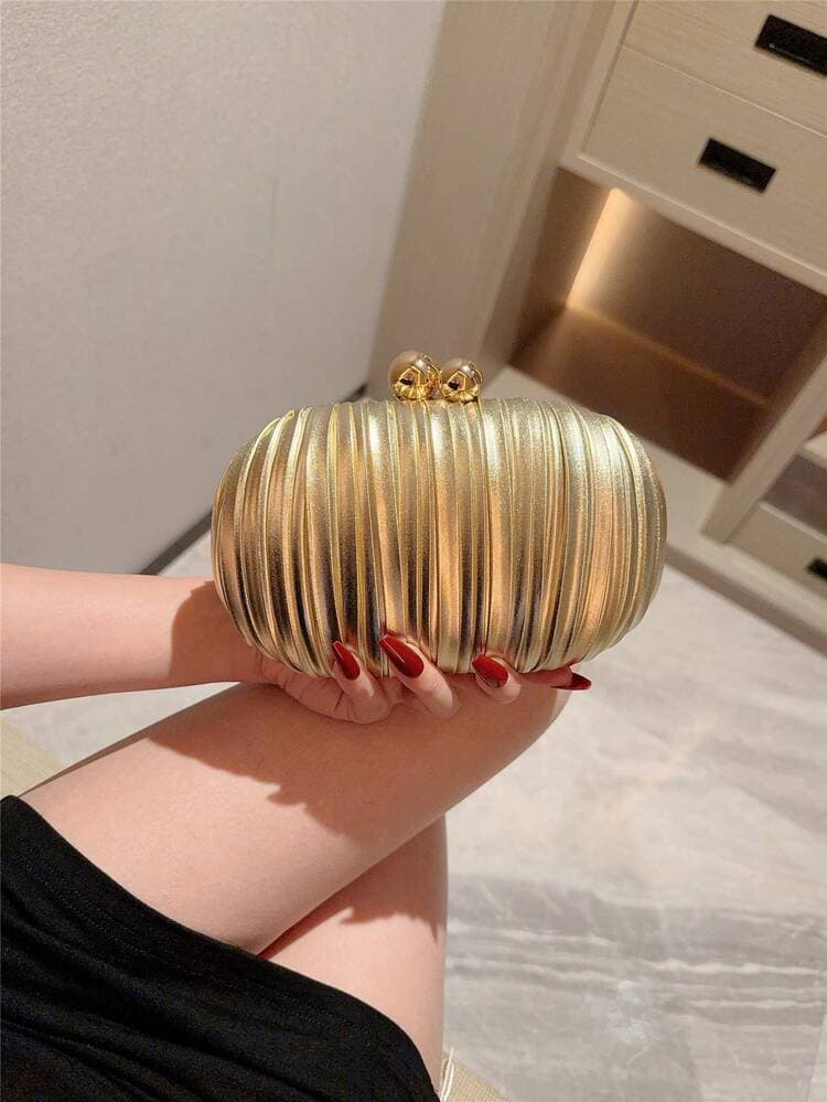 Pleated Egg-Shaped Evening Clutch Bag with Pearl Clasp detail photo 7 - Bags at ShopKaar
