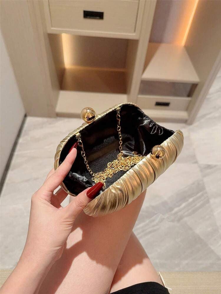 Pleated Egg-Shaped Evening Clutch Bag with Pearl Clasp detail photo 9 - Bags at ShopKaar