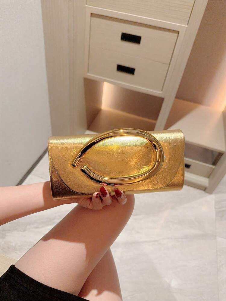 Gold Metal Decor Mini Box Clutch Bag detail photo 3 - Bags at ShopKaar