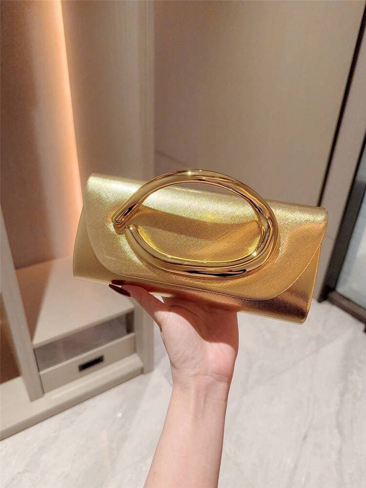 Gold Metal Decor Mini Box Clutch Bag detail photo 4 - Bags at ShopKaar