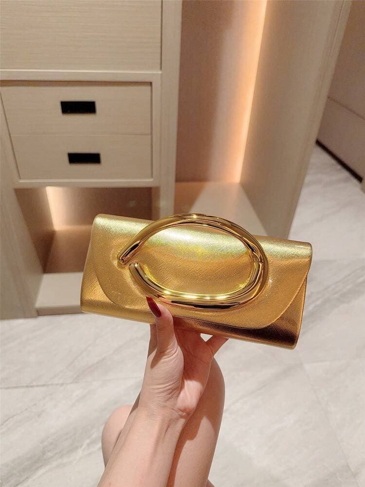 Gold Metal Decor Mini Box Clutch Bag detail photo 5 - Bags at ShopKaar