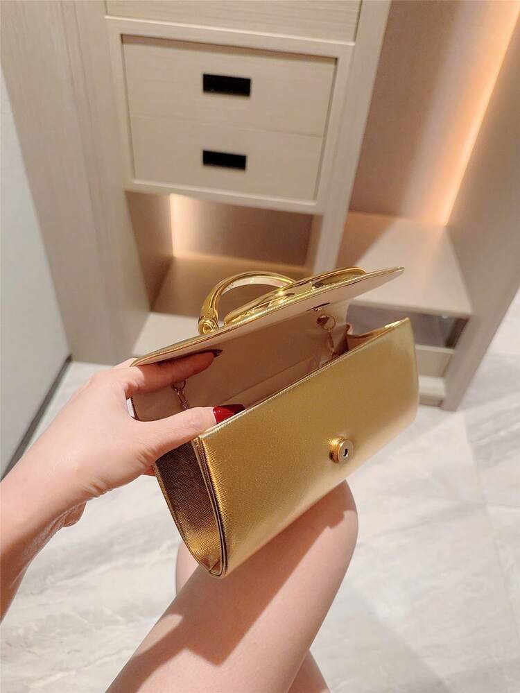 Gold Metal Decor Mini Box Clutch Bag detail photo 6 - Bags at ShopKaar
