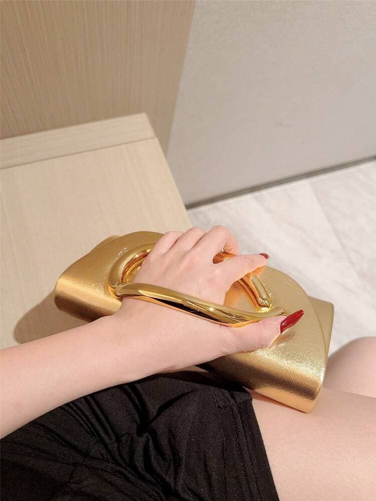 Gold Metal Decor Mini Box Clutch Bag detail photo 8 - Bags at ShopKaar