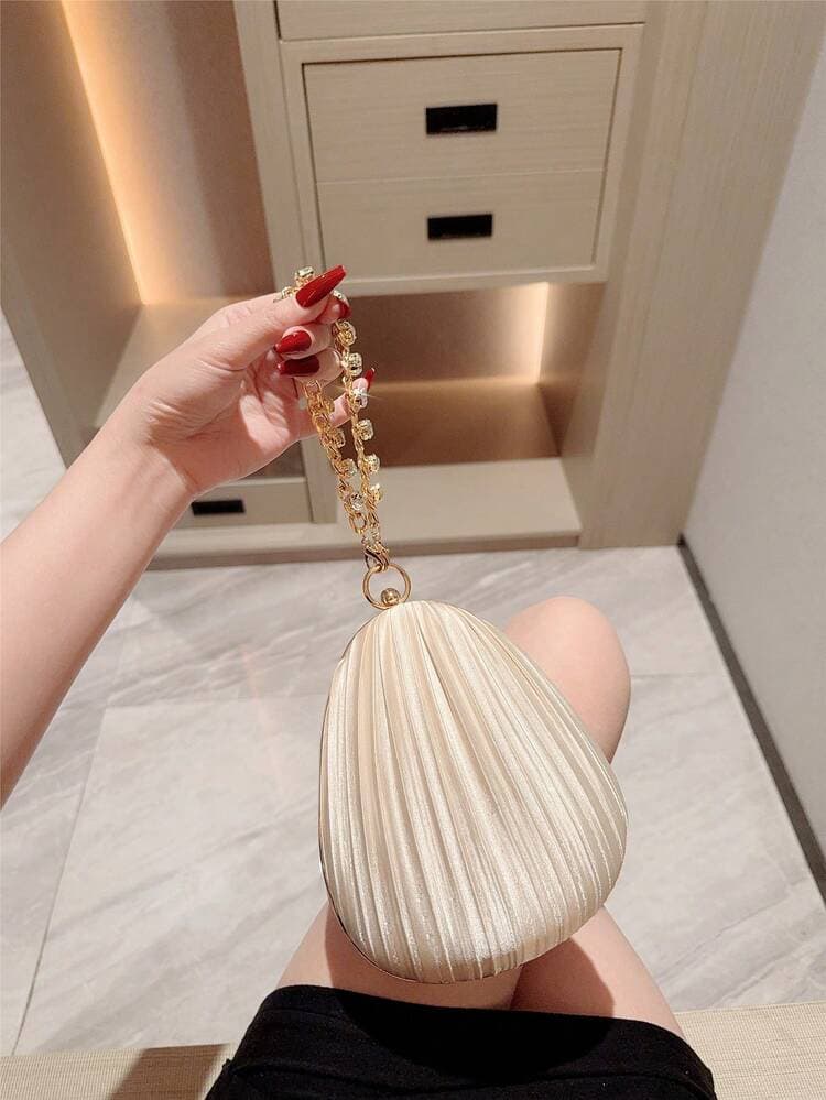 Apricot Pleated Box Evening Bag with Crystal Chain detail photo 3 - Bags at ShopKaar