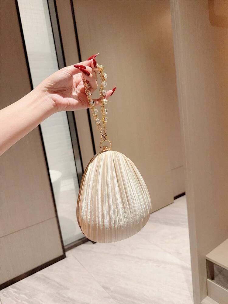 Apricot Pleated Box Evening Bag with Crystal Chain detail photo 4 - Bags at ShopKaar