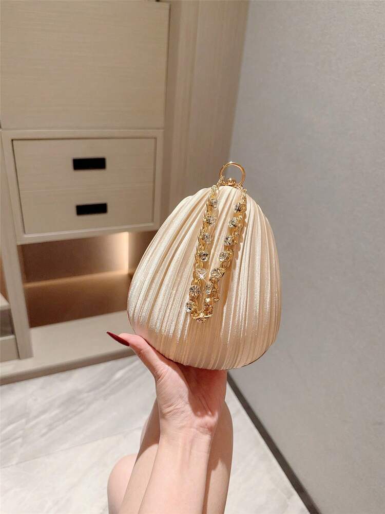 Apricot Pleated Box Evening Bag with Crystal Chain detail photo 5 - Bags at ShopKaar