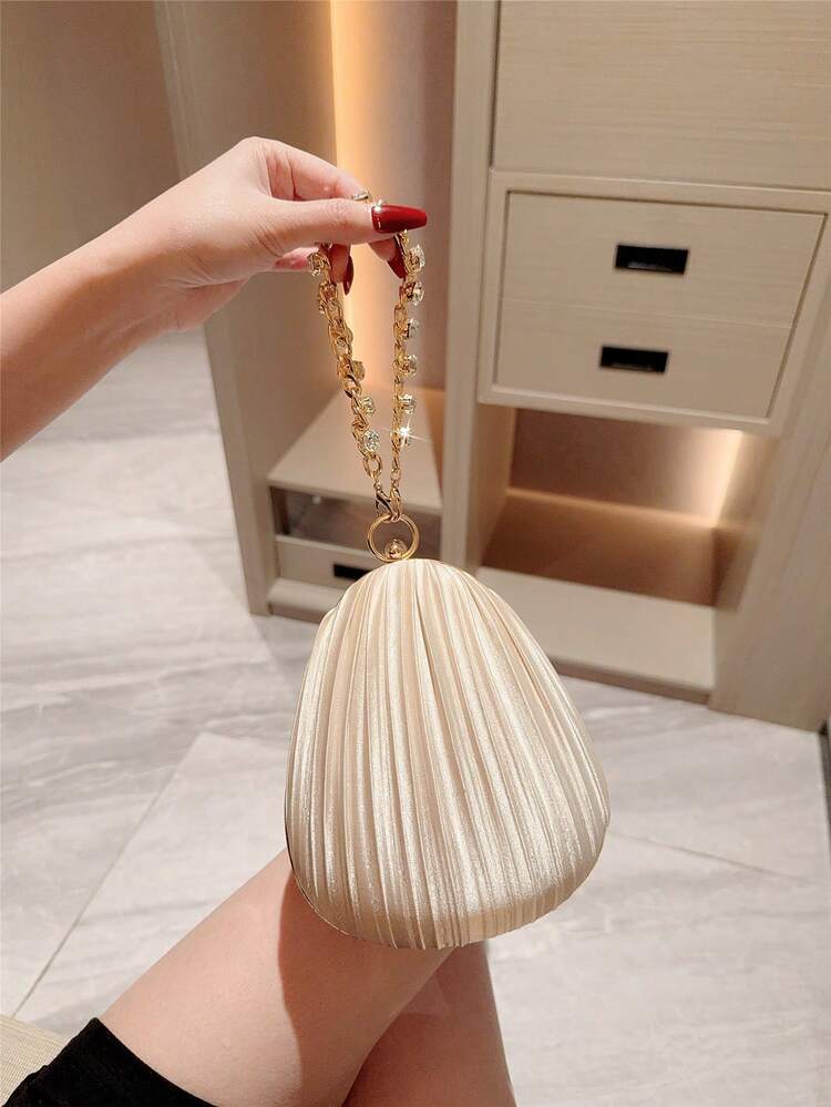 Apricot Pleated Box Evening Bag with Crystal Chain detail photo 6 - Bags at ShopKaar