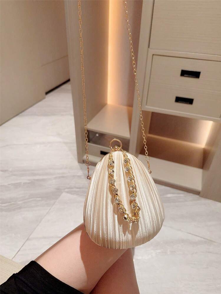 Apricot Pleated Box Evening Bag with Crystal Chain detail photo 9 - Bags at ShopKaar