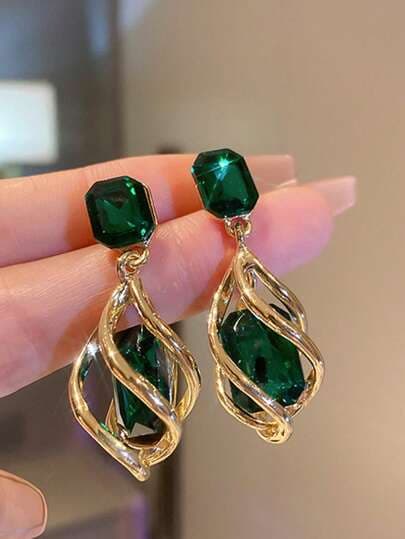 Green Gemstone Geometric Drop Earrings - 2pcs main product photo - Earrings at ShopKaar