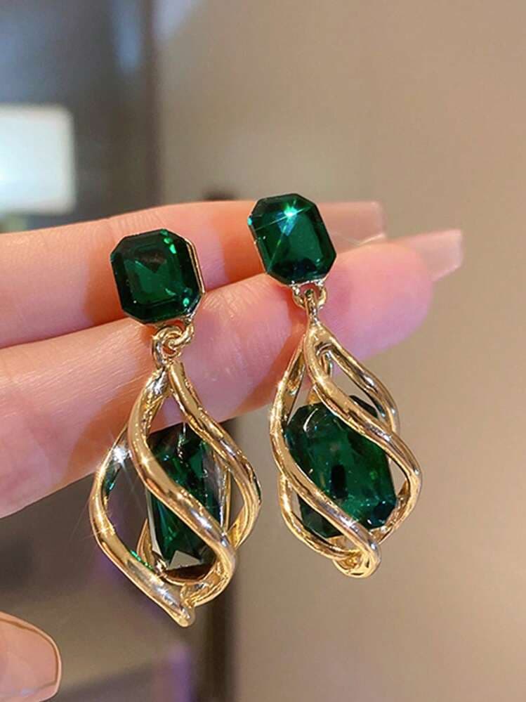 Green Gemstone Geometric Drop Earrings - 2pcs detail photo 2 - Earrings at ShopKaar
