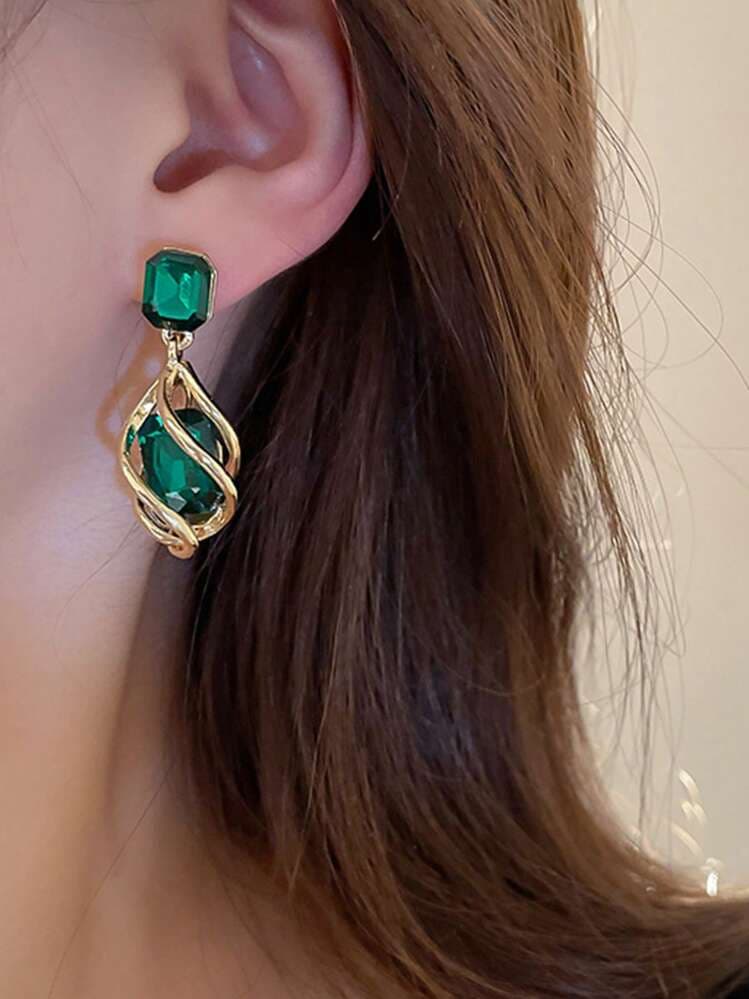 Green Gemstone Geometric Drop Earrings - 2pcs detail photo 3 - Earrings at ShopKaar