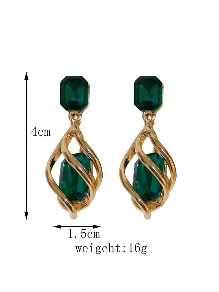 Green Gemstone Geometric Drop Earrings - 2pcs detail photo 5 - Earrings at ShopKaar
