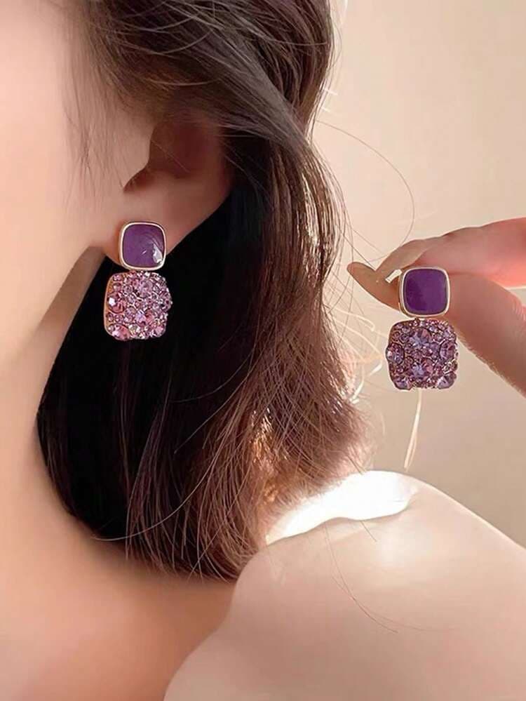 Purple Square Rhinestone Dangle Earrings detail photo 3 - Earrings at ShopKaar