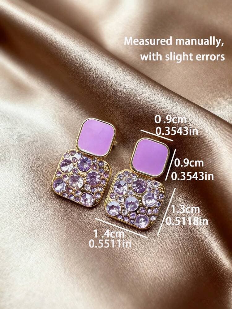Purple Square Rhinestone Dangle Earrings detail photo 4 - Earrings at ShopKaar
