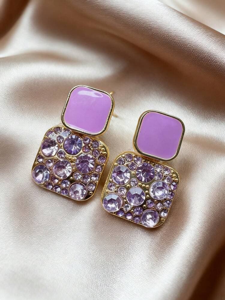 Purple Square Rhinestone Dangle Earrings detail photo 5 - Earrings at ShopKaar