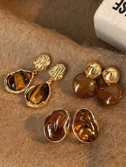 Vintage Amber Resin Inlaid Earrings - 3 Pairs main product photo - Earrings at ShopKaar