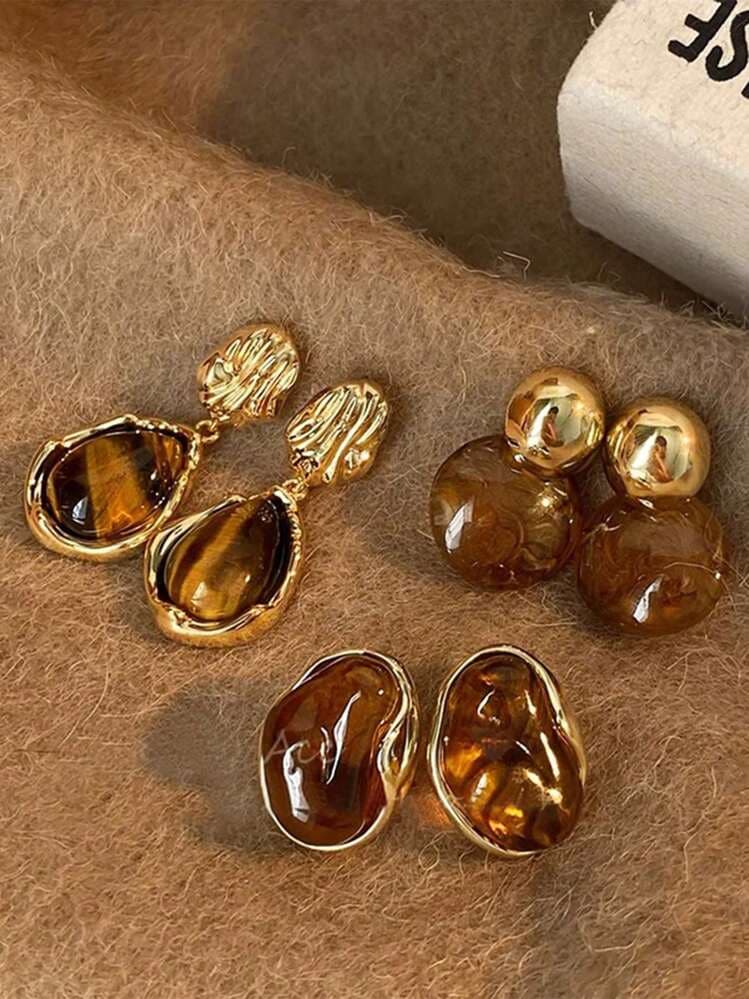 Vintage Amber Resin Inlaid Earrings - 3 Pairs detail photo 2 - Earrings at ShopKaar
