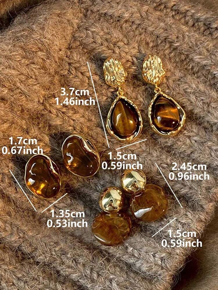 Vintage Amber Resin Inlaid Earrings - 3 Pairs detail photo 3 - Earrings at ShopKaar