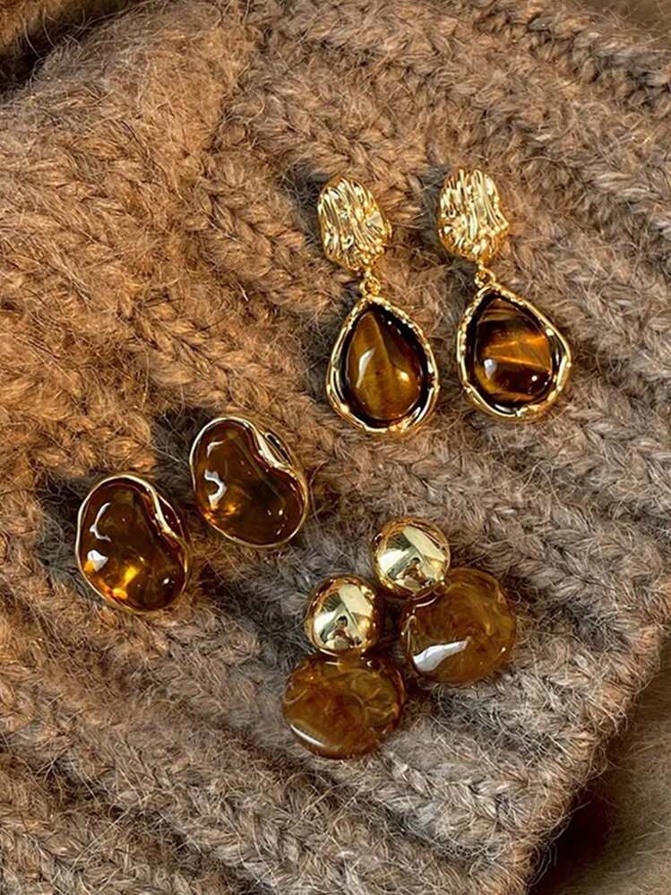 Vintage Amber Resin Inlaid Earrings - 3 Pairs detail photo 4 - Earrings at ShopKaar