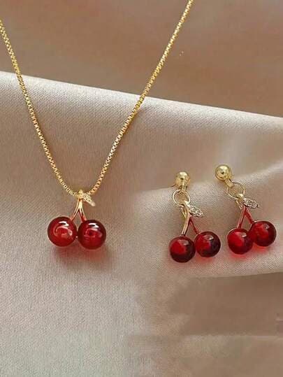Cherry Earrings & Necklace Jewellery Set - 3pcs main product photo - Jewellery Sets at ShopKaar