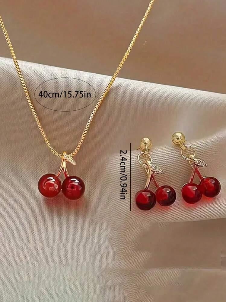 Cherry Earrings & Necklace Jewellery Set - 3pcs detail photo 4 - Jewellery Sets at ShopKaar