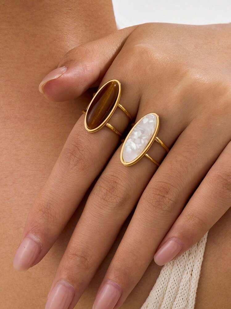 Gold-Tone Tiger Eye Open Ring Set - 2pcs detail photo 2 - Rings at ShopKaar
