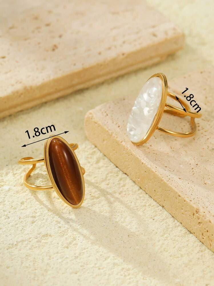 Gold-Tone Tiger Eye Open Ring Set - 2pcs detail photo 4 - Rings at ShopKaar