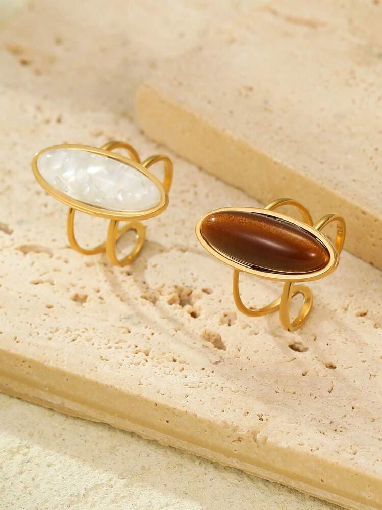 Gold-Tone Tiger Eye Open Ring Set - 2pcs detail photo 3 - Rings at ShopKaar